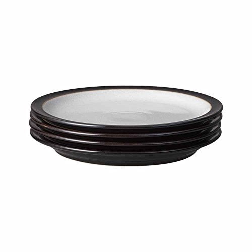 Denby - Elements Lot de 4 assiettes noires moyennes – Vaisselle passe au lave-vaisselle et au micro-ondes 22 cm – Vaisselle en céramique noire et blanche – Assiettes à déjeuner résistantes aux éclats