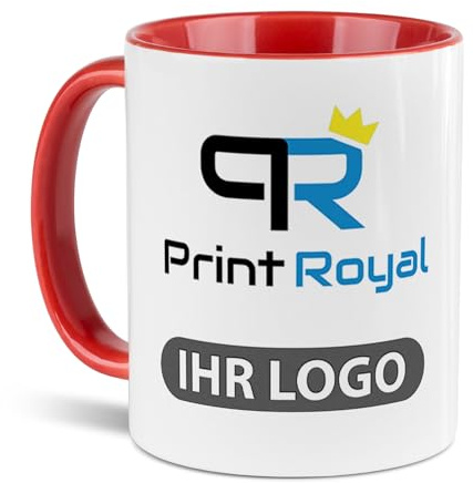 Tassendruck Firmen-Tassen 72 Stück mit eigenem Logo gestalten - Geschenke zum Firmenjubiläum, für Kollegen, Merchandise, B2B | Personalisierte Fotogeschenke, Innen & Henkel Rot, 300 ml