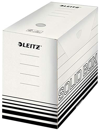 Leitz Solid Box Archiv-Schachtel, 150 mm Rückenbreite, A4 Faltkarton mit Lasche, Aufbewahrungsbox für bis zu 1400 Blatt, Lagerbox aus 100 % geriffelten Recyclingkarton,10 Stück,Weiß/Schwarz,61290001