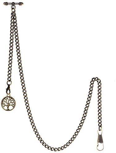 TREEWETO Taschenuhrkette mit T Bar Endstück Albert T-Bar Taschenuhr Kette mit Antiker Lebensbaum Anhänger und 2 Haken für Weste Knopfloch Bronze