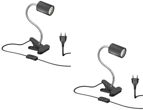 ledscom.de 2 Stück Klemmleuchte WAIKA mit Schwanenhals und Schalter schwarz matt, inkl. GU10 LED Lampe (warmweiß, 2,339W, 227lm, 110°)
