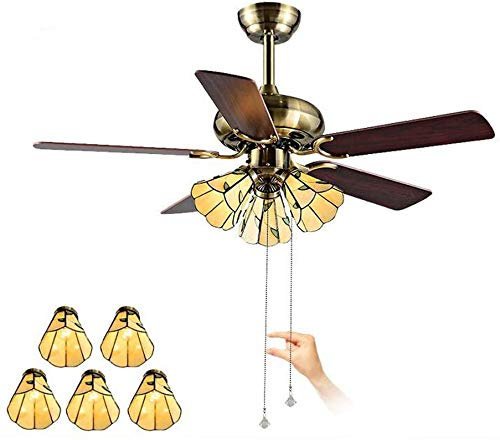 DALUXE 42 Pulgadas Ventilador de Techo de Estilo Tiffany con la iluminación, 5 Palas de Hojas de Madera y Vidrio araña de soplador de Sombra, E27, Sistema de accionamiento de la lámpara de Techo...
