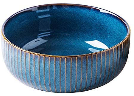 Stylish Blue Porcelain Salad Bowl - Large 1800ml Round Serving Bowl for Soup, Salad, Cereal, Ramen (21cm/63oz)
