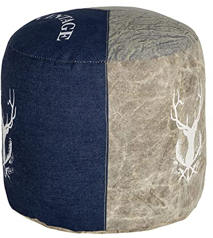 WOMO-DESIGN Sitzpouf Jacksonville Ø35x43cm, Natur/Blau, Unikat, handgefertigt aus Segeltuch/Jeans, Baumwolle Füllung, Runder Sitzpuff Pouf Puff Sitzhocker Sitzkissen Fußhocker Fußbank Hocker Ottoman