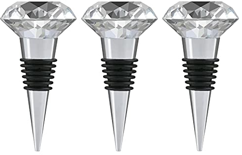 WANDIC Wine Bottle Stoppers, Set Of 3 Diamond Shape Clear Crystal Metal Wine Beverage Bottle Plug Decorative Glass Wine Bottle Sealer For Bar Party