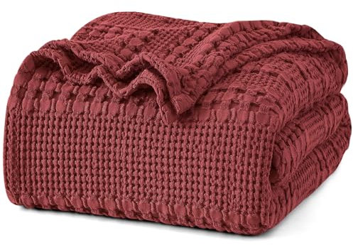 PHF Decke aus 100 % Baumwolle, Waffelmuster, Queen-Size, gewaschene, weiche, atmungsaktive, hautfreundliche Decke – perfekt für Couch, Bett, Sofa, 229x229 cm, weinrot