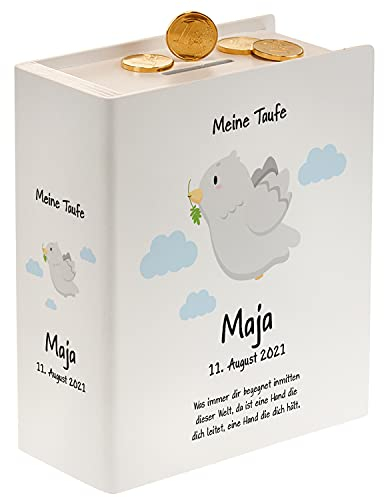 Sparbuch als Personalisiertes Taufgeschenk für Jungen und Mädchen | Spardose aus Holz zur Taufe | Geschenkidee Geldgeschenk für Kinder | Wiederverschließbar | 18x15x7cm | Weiß | Taube