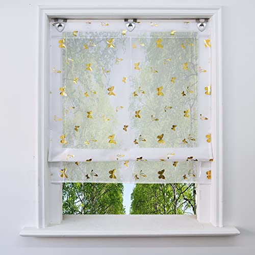 Voile Raffrollo mit Silber Heißprägen Design Raffgardine Transparent Ösenrollo Fenster Vorhang (BxH 120x130cm, Gold Schmetterling)