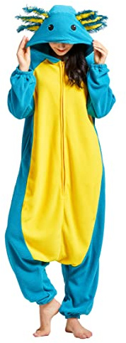 DELEY Unisex Axolotl Strampelanzug Pyjamas Erwachsenes Tier Cosplay Kostüm Plüsch Homewear Nachtwäsche Overall Blau Axolotl
