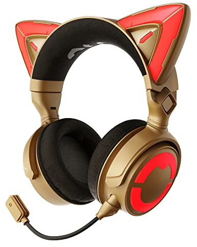 YOWU RGB-Katzenohr-Kopfhörer 4, verbessertes kabelloses und kabelgebundenes Gaming-Headset mit aufsteckbarem HD-Mikrofon, aktive Geräuschreduzierung (4, Gold)