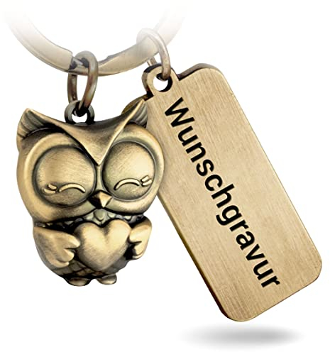 FABACH Eule Schlüsselanhänger Owly mit Herz und Wunschgravur - Süßer Schlüsselanhänger Eule mit personalisierter Gravur - Freundschaft Liebe Glücksbringer für Frauen mit Wunschtext