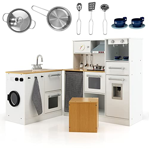 DREAMADE Cuisine Enfant de 3+ Ans, avec Micro-Ondes, Cuisinière, Téléphone, Cuisine en Bois avec 5 Accessoires, Équipé Sonore et Lumineuse (Blanc)