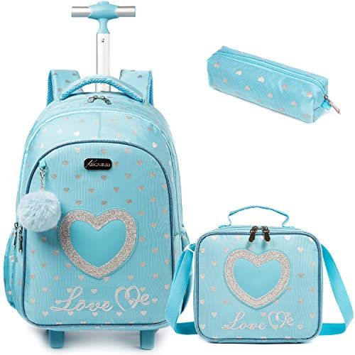Egchescebo Mochilas Escolares con Ruedas Carro Niña Corazón Mochila Carrito para Trolley Escolar Bolso de Viaje Estuche Stitch Mujer Maleta Colegio Grande Medianas Infantil Niñas Estuche 17” 3pcs Azul