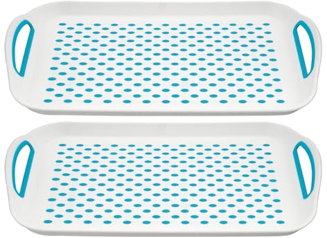 HOMESHOPA Anti-Slip Plastic Serving Tray, 2 Pack Blue Rectangular Non-Slip Top & Bottom, Strong Grip Rubber Surface, Kitchen Tray for Food Serving, Easy Grip Handles, Sturdy Dinner/Drinks Breakfast