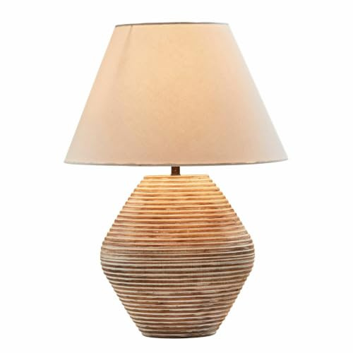 LOBERON Tischlampe Landelin, weiß/braun | Mangoholz-Fuß mit White-Washed-Finish, Handgedrechselt, Schirm aus Baumwolle