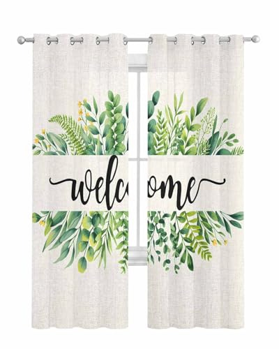 TocaHome 2 PCS Sheer Voile Window Curtains Summer Watercolor Botanical Eucalyptus Leaves Elegant Grommet Light Filtering Window Treatments/Draperies/Panels for Living Room Bedroom Kitchen 52x84