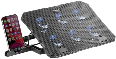 Mars Gaming MNBC23, Base Refrigeradora y Stand 16”, 6 x Ventiladores Controlables con LED Azul, Stand 6 Posiciones, Soporte Smartphone, 2 USB 2.0, Negro