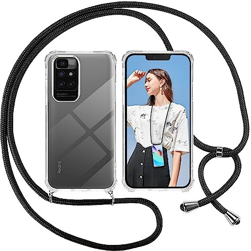 ISOI Funda con Cuerda para Xiaomi Redmi 10 2022/2021, Carcasa Transparente TPU Suave Silicona Case con Correa Colgante Ajustable Collar Correa de Cuello Cadena Cordón, Negro