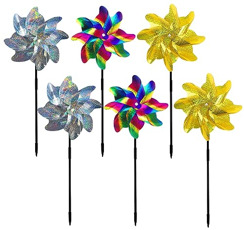 Mulino a vento per uccelli, 6 pezzi, repellente per uccelli, mulino a vento riflettente, per frutteto, giardino, cortile, terreno agricolo (oro, argento, gradiente)