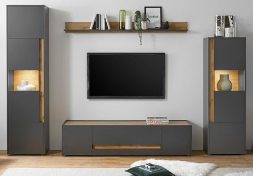 Furn.Design Wohnwand Schrankwand in grau matt und Eiche Wotan Wohnkombination 4-teilig Vitrinen, TV Unterteil, Regal Wohnzimmer komplett modern 310 x 197 cm Center (Set 1)