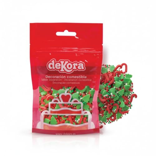 dekora - Streusel Mix Weihnachtskonfetti Grün-Rot – 100g essbare Streudeko Weihnachten, Zuckerstreusel für Kuchen, Kekse und Desserts – glutenfrei, laktosefrei, vegetarisch