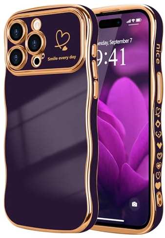 LCHULLE for iPhone 14 Pro Max Case for Women Girls,Cute Curly Wave Frame Shape Love Heart Pattern Phone Case,Raised Camera Protection Plating Shockproof Cover for iPhone 14 Pro Max 6.7,Dark Purple