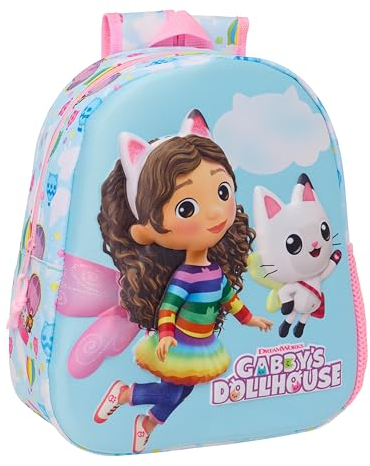 Safta GABBY'S DOLLHOUSE - Mochila Escolar, con Diseño 3D, Adaptable a Carro, Ideal para Niños de Diferentes Edades, Cómoda y Versátil, Calidad y Resistencia, 27x10x33 cm, Color Celeste/Rosa