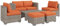 Outsunny 8 Pieces Rattan Garden Furniture Set, Garden Corner Sofa Set with 4 Chairs, 2 Footstools, 2 Coffee Tables and Cushions, Space-Saving Design, No Assembly Required, Orange