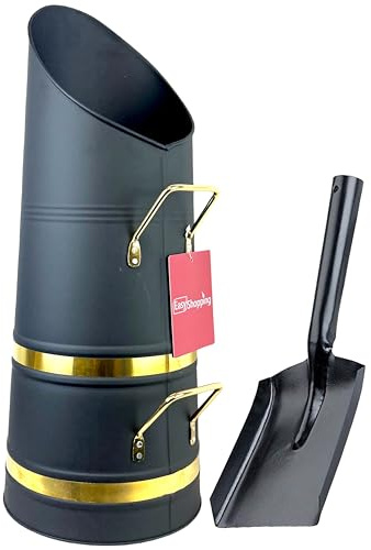 Heavy Duty Anthracite 22 Coal Hod, Bucket Coal Scuttle Black and Brass High Quality for Fireplace Fire Side with Free Ash Shovel
