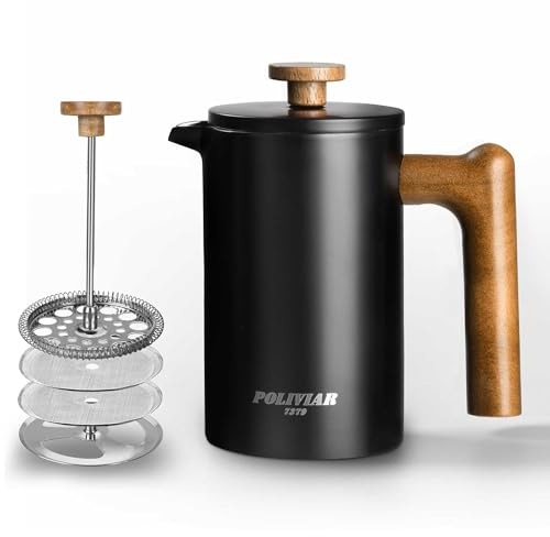 Poliviar French Press Kaffeebereiter 600 ml/21oz, Doppelwandige Isolierte Kaffeekanne, Handfilter Kaffeepresse mit Plunger & Griff aus Holz, (Schwarz) JX2024-SFPB-DE