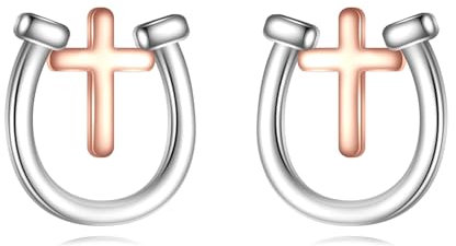 YFN Hufeisen Kreuz Ohrstecker 925 Sterling Silber Rose Gold Kreuz Ohrring Pferd Schmuck Geschenk für Frauen Mädchen