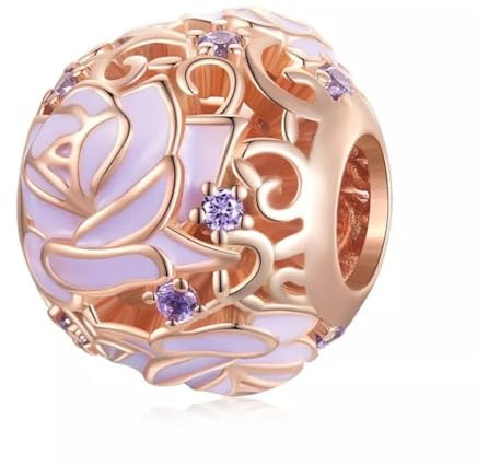 Rose Gold Purple Rose Flower Charm Bead Genuine 925 Sterling Silver Compatible With Pandora Bracelet