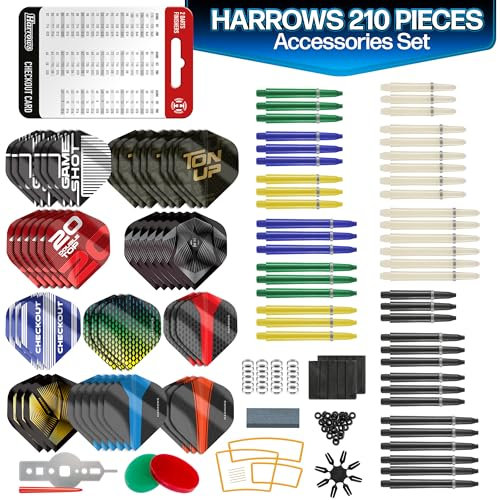 Harrows Trophy 210-teiliges Dart-Zubehör-Set – erstaunliches Paket enthält Dart-Schäfte, Dart-Flights, Dart-Ringe, Dartschärfer, Dart-Werkzeug, Flugschutz, Fingerwachs, Übungsringe und kostenlose