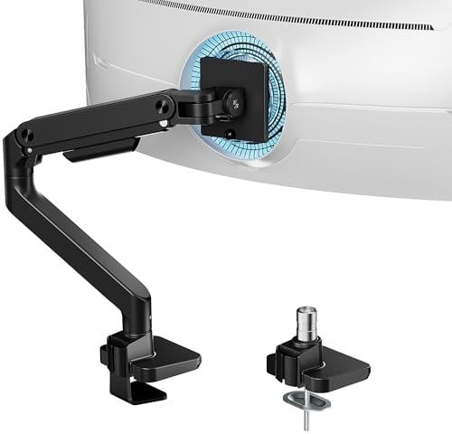 ARES WING Single Monitor Arm for 17 to 49 Inch Heavy Duty Curved Screen, Holds 44 Lbs, Adjustable Gas Spring Monitor Arm Desk Mount with C Clamp, Grommet Base, 75/100 Vesa Mount, Black