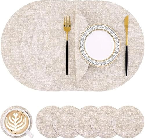 Homaxy Lot de 6 sets de table lavables - Ronds - Diamètre 33 cm - Double face - Imperméables - Antidérapants - En cuir synthétique - Résistants à la chaleur - Avec dessous de verre - Beige
