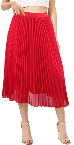 Soudittur Damen Sommer Chiffon Rock A-Linie Plissee-Rock Midilänge Faltenrock mit Elastischer Taille Leichter Flowy Midirock für Freizeit, Strand & Party(Rot, M)