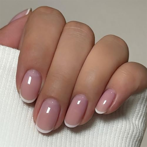 Short Oval False Nails - French Tip Press on Nails - 24Pcs Fake nails with Glue - French Stick on Nails - Oval Nails Glue on Full Cover Long Lasting for Women Summer DIY Nail Art