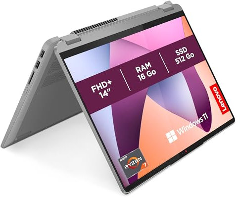 Lenovo IdeaPad Flex 5 14ABR8 - Ordinateur Portable 14'' WUXGA Tactile (AMD Ryzen 7 5825U, RAM 16Go, SSD 512Go, AMD Radeon Graphics, Windows 11 Home) Clavier AZERTY Français - Gris