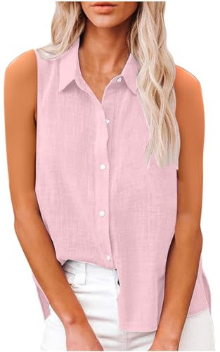 Offres Tendance Chemise Femme Coton et Lin Chemisier Col en V Bouton sans Manches Tops Chemisiers et Blouses Femmes Chic Elegant Respirant T-Shirts Grande Taille Pas Cher Coton Lin Tunique Blouse