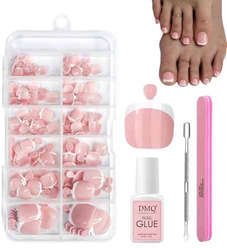 French Fake Toe Nails Set - 120PCS Square False Toenails Short - White French Tip Pink Press on Toenails - Glossy Full Cover Acrylic False Toe Nails For Women Nail Art DIY Gift (Pink-5)