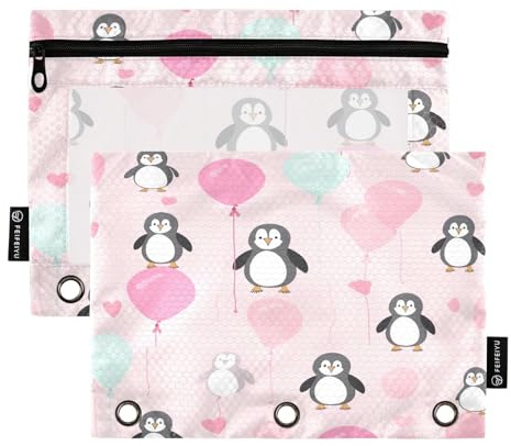Federmäppchen für 3-Ring-Ordner, weiches Federmäppchen mit Ringen, Schulbedarf, 24,9 x 17,8 cm, niedliche Pinguine, Luftballons, Rosa