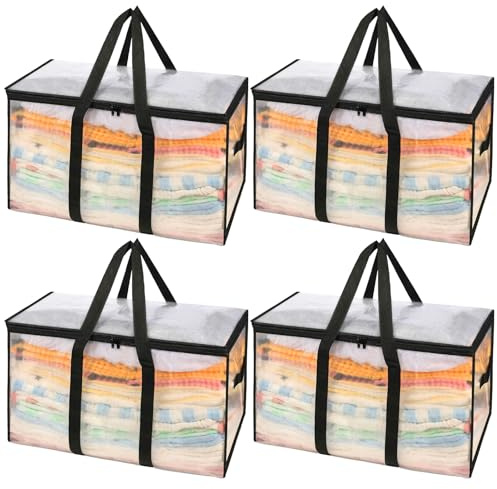 Woobroo Große Umzugskartons, 4 robuste Organizer mit Reißverschlüssen, Deckel und Tag-Tasche für Kleideraufbewahrung, Verpackung, nachhaltig, wasserabweisend