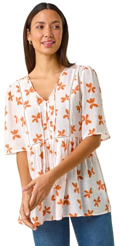 Roman Originals Summer Top for Women UK Ladies Swing Tunic A Line Blouse Ladder Trim Shirt Spring Casual Smart Holiday Party Beach Cruise Gathered Waist Loose Work - Floral Orange - Size 20