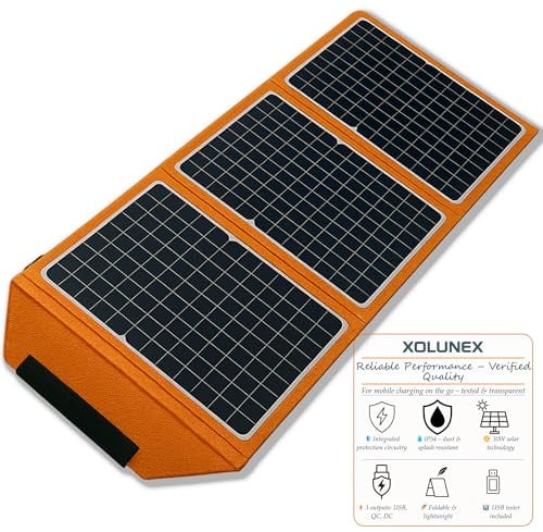 Faltbares Solarpanel 30W mit USB-Tester – Xolunex Solar Ladegerät mit USB & DC (18 V), monokristallin, IP54 – Tragbares Solar Panel für Camping, Outdoor, Wandern & Notfälle