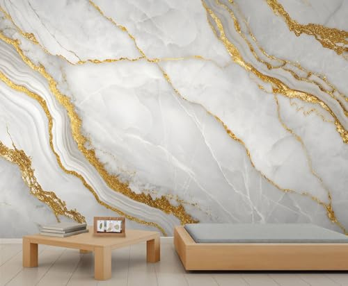 Marble Texture Wall Murals Luxury White Gold Marble Wallpaper Abstract Stone Crack Mural Hd Printing Wallpaper Mural for Living Room Kitchen Dining Room 350 x 256 cm