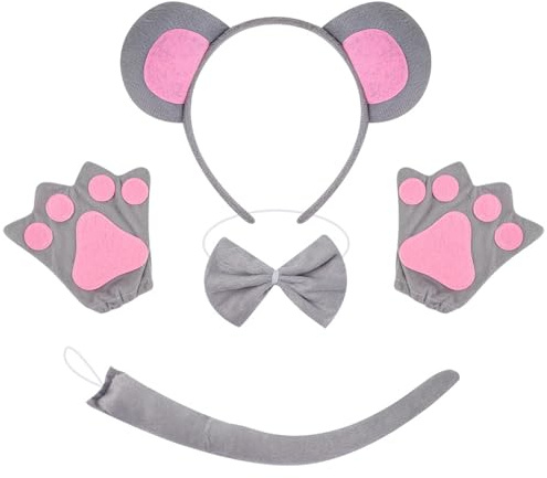 BrKern Mickey Mouse Ohren, Ratatouille Haarreif, Micky Maus Kostüm Erwachsene, Rollenspiel Kostüm Set mit Handschuhen und Schwanz, für Kindergeburtstag, Karneval, Halloween, Weihnachtsfeier