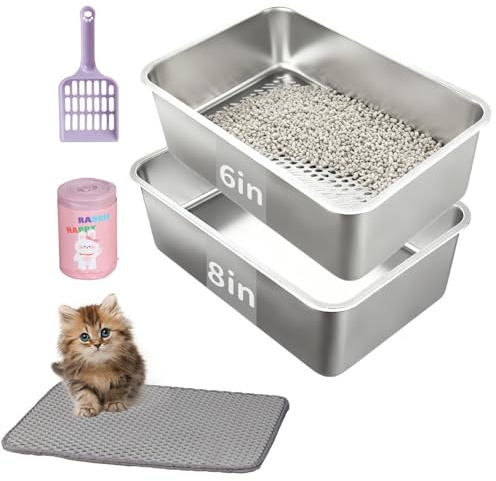 Stainless Steel Sifting Cat Litter Box - 23.6“x15.7x6 XL Metal High Sided Open Top Cat Pan Sifting Non Stick Surface Litterbox Odor Control Non-Clumping with Scoop Litter Mat Trash Bag