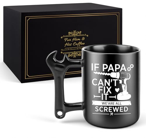 Tesmotor Papa Coffee Mug with Wrench Handle for Father's Day – If Papa Can't Fix It We are All Screwed Funny Gift from Kids for Father's Day, Birthday & Christmas