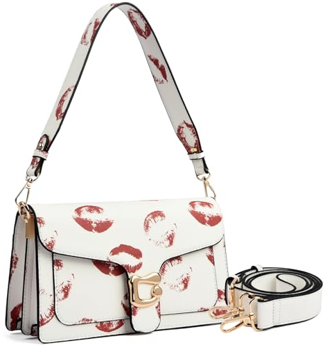 Travistar Leder Handtasche Damen Umhängetasche Mittelgroß Schultertasche Abendtasche Kupplung Crossbody Bag mit 2 Abnehmbar Breiter Schultergurt Kreditkartenfächer Weiß Lippenabdrücke