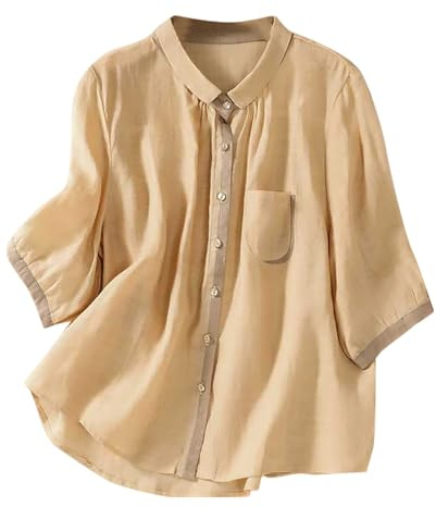 Generico Camicia Oversized in Cotone e Lino per Donna - Loose e Slim con Collo a Revers retrò, Top Casual a Maniche Lunghe per Yoga(4-Yellow, L)